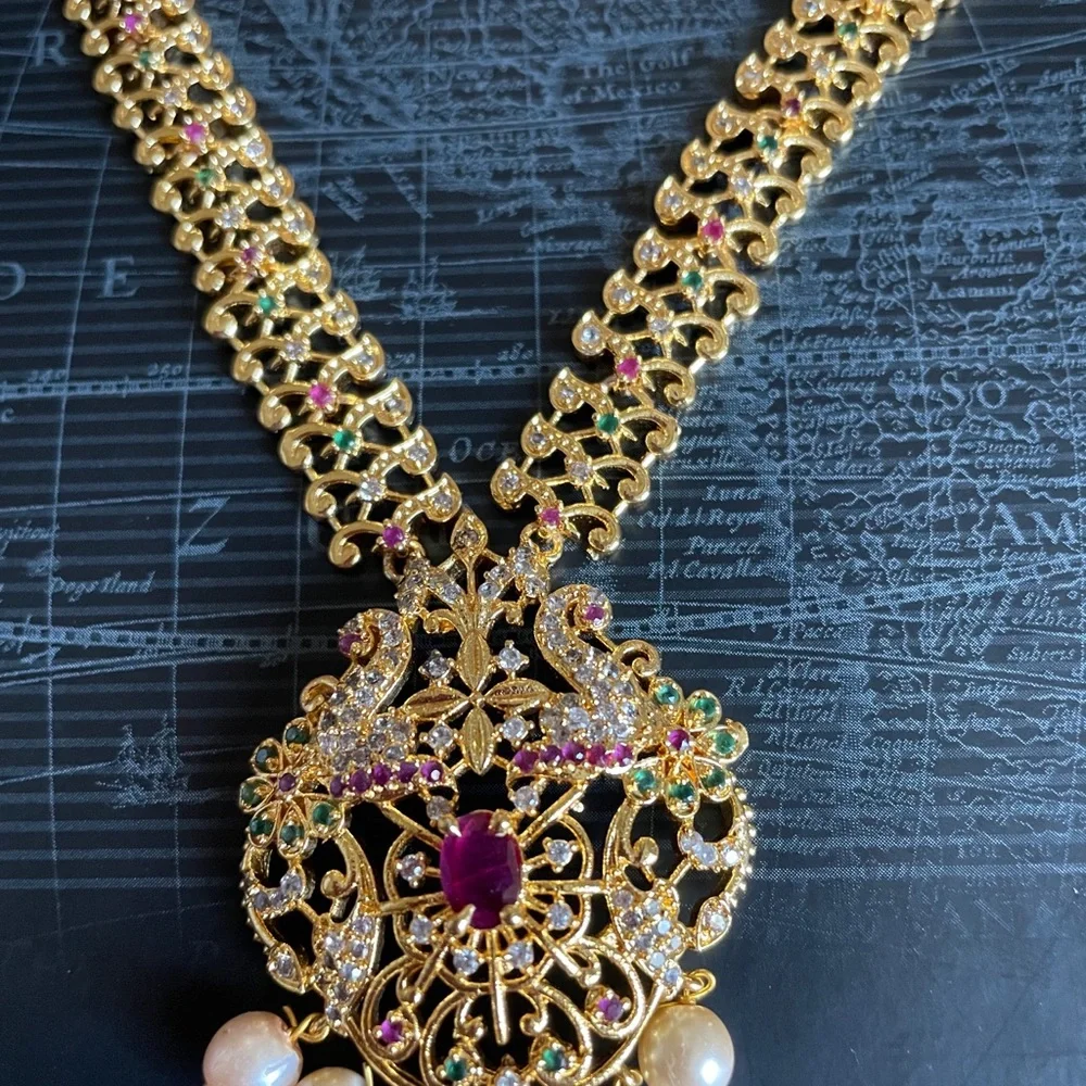 Gold-Tone Floral Pendant Necklace and Earrings Set - Pink and Green Accent